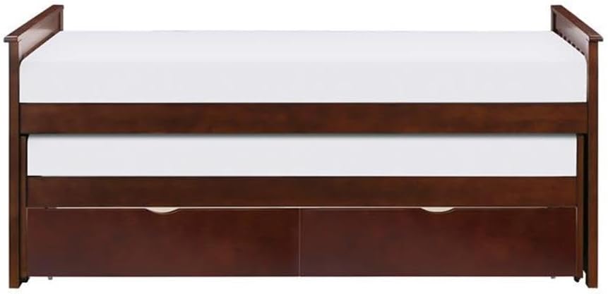 Pemberly Row Transitional Wood Twin/Twin Bed, Dark Cherry Finish, Built-in Toy Storage Boxes, Pull-Out Trundle, Pine Veneer and MDF, Youth Bedroom Furniture for Kids and Tweens