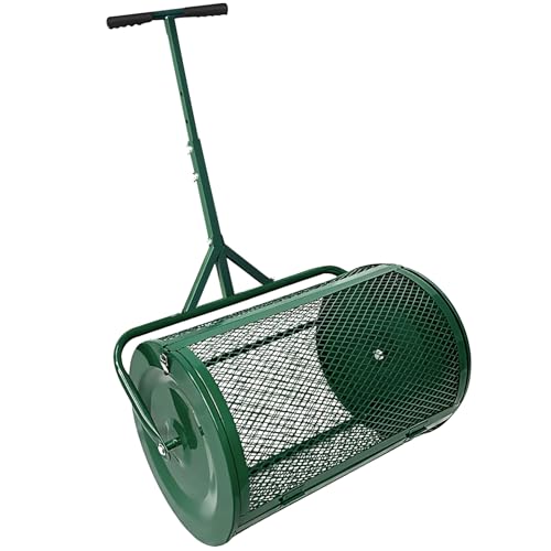 SOCROTO 24" Compost Spreader Lawn and Garden Peat Moss Roller with 22.4"-27.5" Height Adjustable Handle 24" x 15.7" Powder Coated Mesh Basket with Side Latches for Topsoil Manure Fertilizers