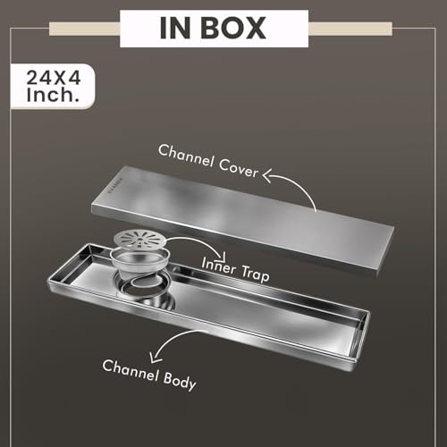 Image of EVANEX Tile Insert Shower Drain | 24x4 Inches Floor Drain Channel | Waste Water Bathroom Drain Channel | 304 Stainless Steel Invisible Bathroom Drainer with Anti Cockroach Trap