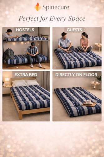 Image of Adim's Handmade Traditional Quilt Gadda Mattress, Blue Lining, 7x6 ft,Pure Cotton Fabric, Cotton Filled, Firm, Reversible Design, for Floor Sleeping and Bed Use