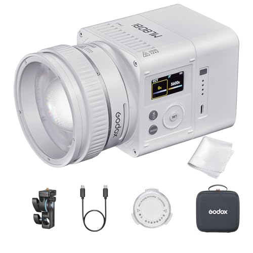 Godox ML80Bi Bi-Color LED Videoleuchte 2800–6500K, 29.600 Lux, Kompakte Modulleuchte mit Zoomobjektiv, App- & Drahtlossteuerung, CRI 96 TLCI 96, Akku- & Netzbetrieb für Foto und Video