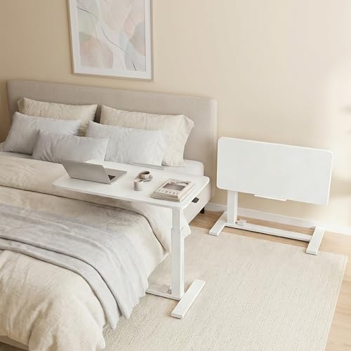 HAPPYMONT Adjustable Overbed Bedside Table with Hidden Wheels, Mobile Standing Desk with Pneumatic Lift, Portable Computer Workstation Cart for Bed, Couch, Office, Sofa, White by HAPPYMONT - Image 7