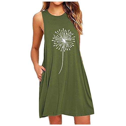 Vestido de Dama Impresión de Diente de león Verano Mujer Vestidos Sin Mangas Cuello Redondo Moda Casual Tallas Grandes Vestidos Elegantes Vestidos de Playa Cover