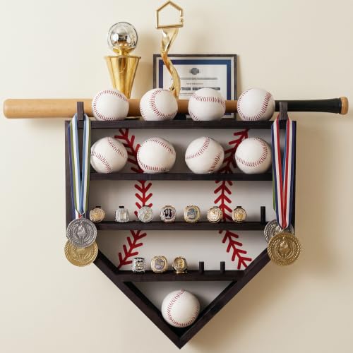 Baseball Display Case - Black Wood Baseball Shadow Box Display Case for 9 Balls, 13 Rings, and Bat Wall Mount Baseball Holder Display Shelf for Game Balls, Trophies, and Memorabilia