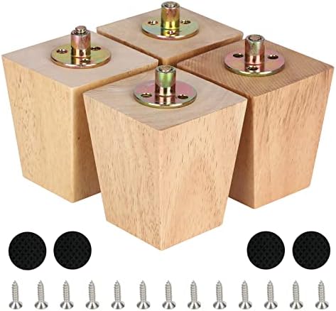 Wooden Solid Wood Square Furniture Legs Set of 4 Mid-Century Modern Sofa Replacement Parts Couch Bed Coffee Chair Desk Table Feet Legs with Pre-Drilled Bolts& Screws& Rubber Pads (3"/ 8cm, Natural)