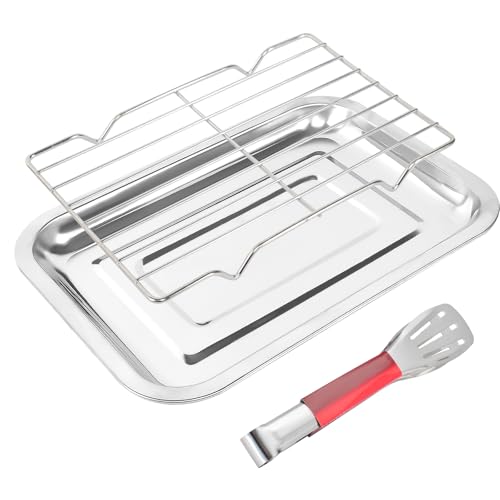 Backblech mit Abkühlgitter Edelstahl Backbleche Klein Ofenblech mit Küchenzange Oven Tray Edelstahl Backblech Set für Backen Braten Servieren (27 x 20 x 2 cm)