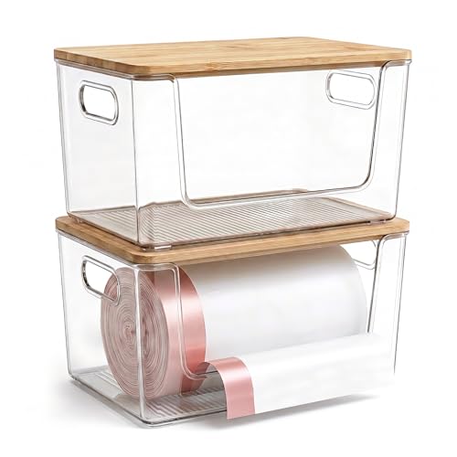 Trash Bag Holder 2 Pack, Stackable Garbage Bag Dispenser with Bamboo Lid, Large Capacity Under Sink Organizer for 13/30/33 Gallon Bags, Clear Storage Bins for Kitchen, Laundry Room, Pantry, Cabinet