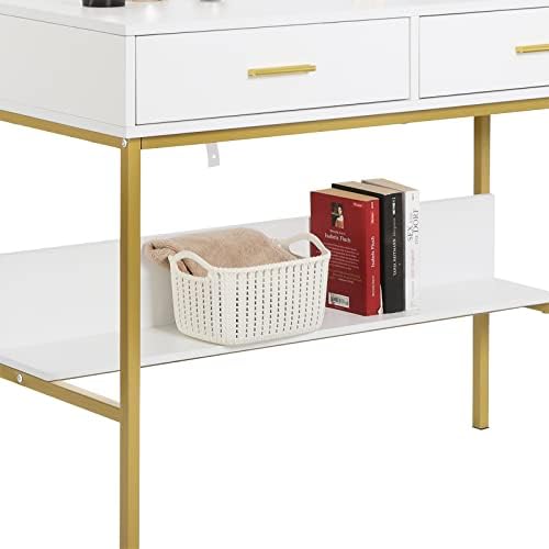 WOLTU Dressing Table with Mirror, Make-Up Table with 8 LED Bulbs and 2 Drawers, Modern Vanity Table, 100x40x125 cm, Bedroom Furniture Home Office Desk, White + Golden, MB6091ws