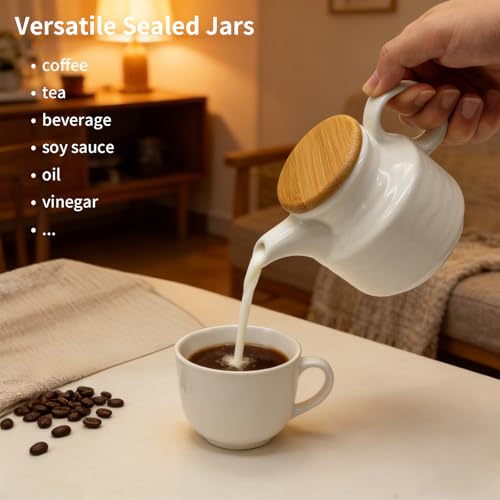 Amestar Ceramic Sugar and Creamer Set, Coffee Bar Accessories Cream Pitcher and Sugar Bowl with Lid, Spoon and Wooden Tray, White Creamer Pitcher for Afternoon Tea, Cream, Coffee Syrup and Condiments - Thumbnail 5