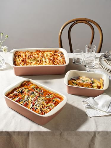 Image of LE TAUCI Deep Casserole Dishes for Oven, 13.7 inchx9.6 inch Ceramic Baking Dish Set with Roasting Racks, Large Lasagna Pans with Handles, Rectangular Bakeware as Gift for Mom, Dusty Pink(4.6QT /3.0QT /1.6QT), Set of 3
