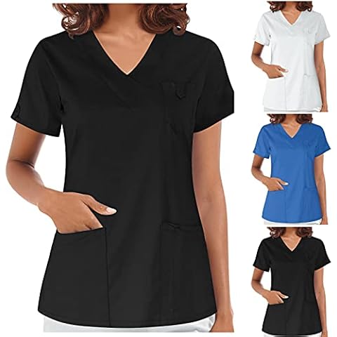 Scrub Top,Womens Nurses Healthcare Tunic Top Ladies Nurse Career Top Tops Casual Tshirt Salon Hairdressing Spa Nail Work Uniform Nurses Working Tops Ladies Xmas Tree Cartoon Print Short Sleeve Black Cover
