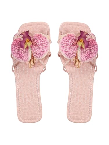 GORGLITTER Womens Flower Flat Sandals Cute Square Toe Flip Flops Thong Dressy Vacation Summer 2026 Slides Shoes Pink Florals 9