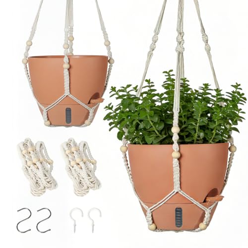 YUNLINGAA Self-Watering Hanging Planters for Indoor Plants Set 2-Piece Includes Plant Hanging Pot, Drainage-Hole Hanging Pot, and Hanging Basket Rack (Terracotta,10 Inches)