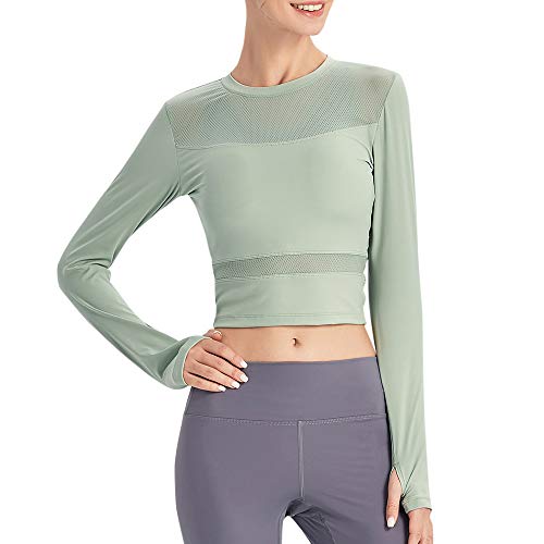 Tomshin Camisas de treino de ioga para mulheres com corte de malha com costura de mangas compridas C