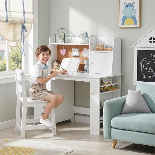 GarveeHome Kids Desk and Chair Set, Wooden Study Table with Storage Shelf, Bulletin Board, Children School Learning Desk Set, Writing Table for Boys a