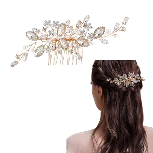 LOHGOU Women Girls Wedding Party Flower Pearl Hair Comb, Floral Crystal Bridal Hair Piece Side Combs Wedding Hair Pin Hair Accessories (Gold)