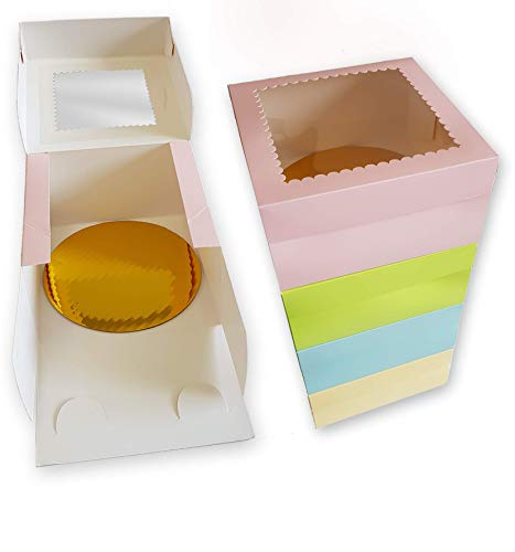 CooKeezz Couture - Window Cake Box 10 x 10 x 5" Colored Decorated Pastry Boxes / Bakery Boxes Auto Popup Great for Easy Transport Bakery , Cakes - Assorted 12 Pack at 4 Pastel Colors Also Included with 12 Round Cake Boards .