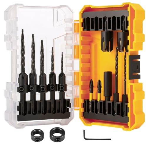 Image of 15Pcs Countersink Drill Bit Set, S2 Steel Tapered Drill Bit, 82° Counter Sink Drills Bits Wood Plugs Cutter Extendable Holder 1/4" Hex Shank Screwdriver Bits Depth Stop Rings with Storage Case