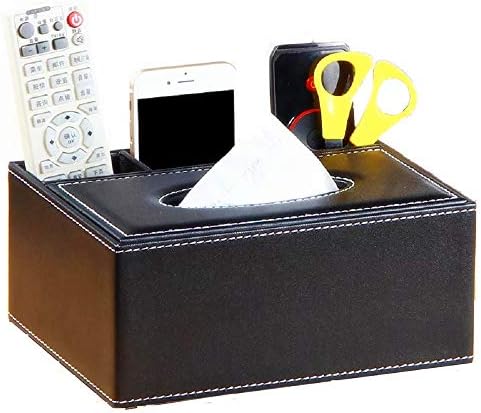 Rectangular Tissue Box Cover, ultifunction PU Leather Pen Pencil Remote Control Tissue Box Cover Holder Desk Storage Box Container for Home and Office Use (White Grid)