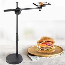Sturdy And Construction: Built with a reinforced 15cm round metal base,this desktop photography phone holder ensures exceptional stability during .The non-slip pad prevents movement and protects table surfaces from scratches.Designed for low-angle di...