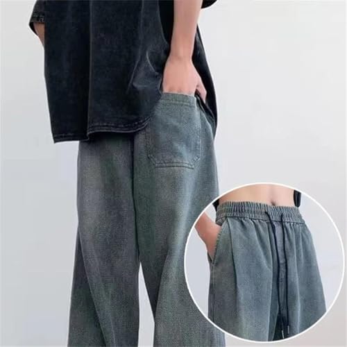 Men's Elastic Waist Lace Up Denim Pants Vintage Wash Draping Trousers Loose-Fit High Street Jeans2