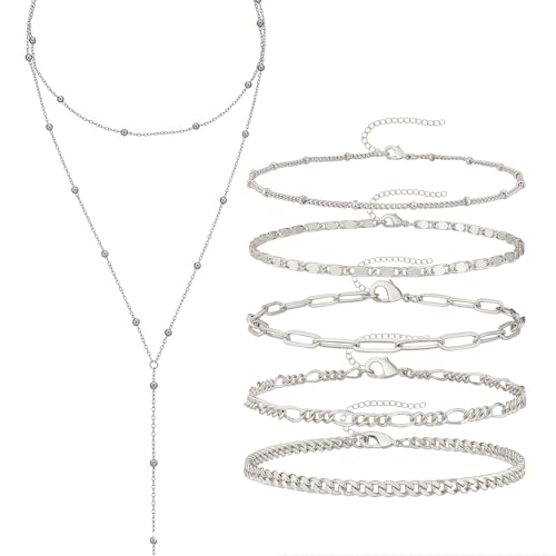 THXFUNAREA 6 Pcs Collar Largo Y-Cadena de la Mujer de varias filas de acero inoxidable, Pulsera, Joyas para la Mujer, Elegante collar largo para las mujeres, Juego de collar