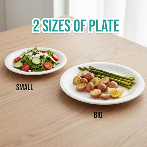 Image of Go Hooked 16-Piece Melamine Dinner Set | Speckled White Crockery with 4 Full Plates, 4 Quarter Plates, 4 Soup Bowls, 1 Large & 2 Small Serving Bowls + Serving Spoon | Break-Resistant & Keeps Food Warm