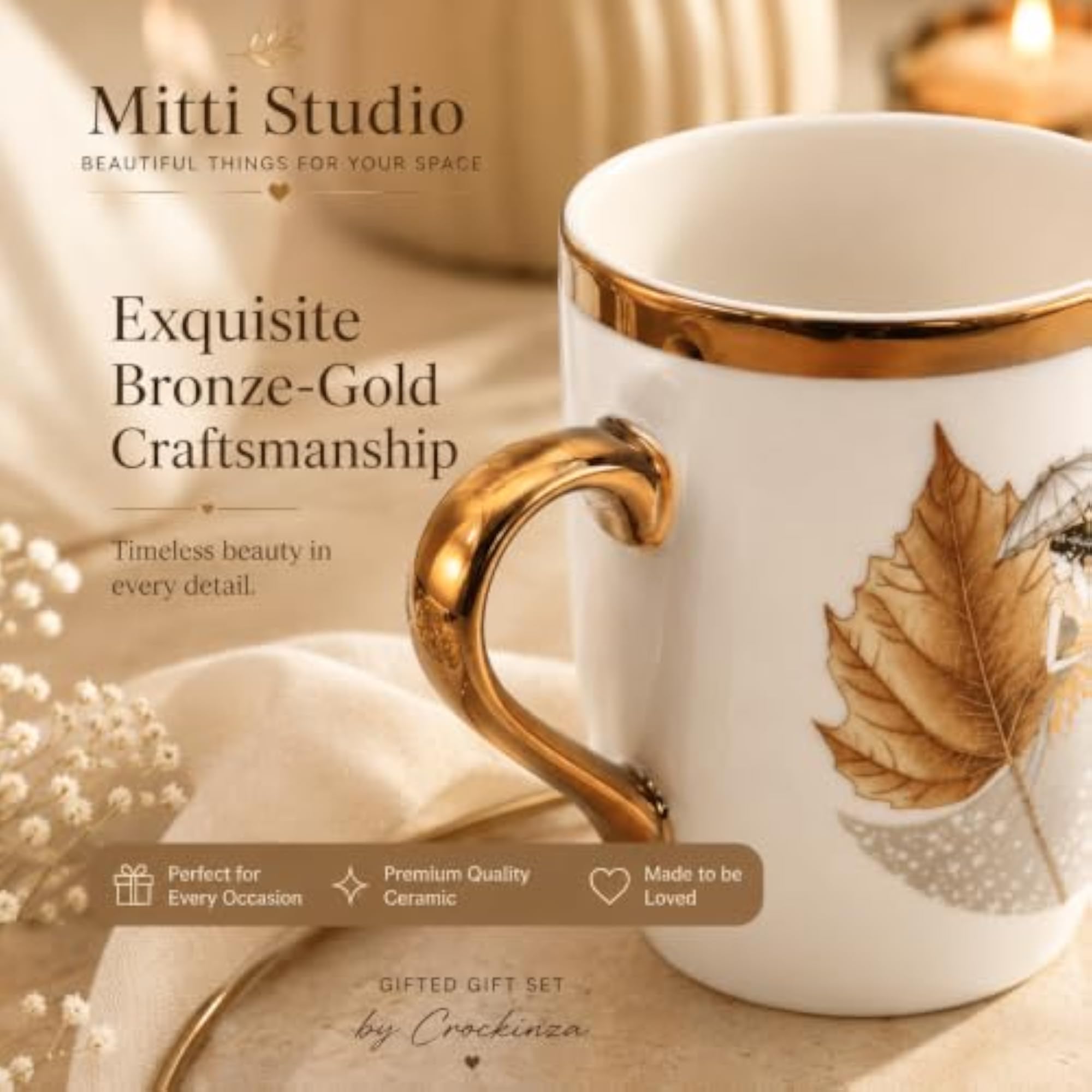 Mitti Studio Ceramic Coffee Mugs with Golden Leaf Design, Set of 2
