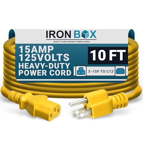 Image of IronBox Electric - Heavy-Duty 5-15P to C13 Power Cord - 3 Prong 15A 125V 14 /3 SJT PC Cable - Cord for Computer, Monitor, Subwoofer, Amplifier - Cable for Power Supply - (Yellow 10 Foot)