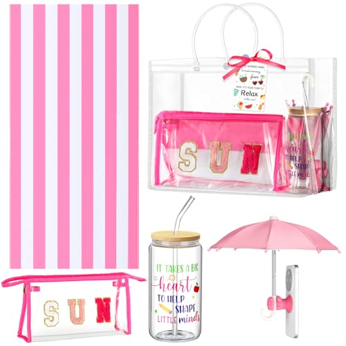 Remerry 6 Pcs Graduation Gifts for Teacher Summer End of School Year Teacher Beach Gifts Set Include Beach Towel Glass Cup Sun Makeup Bag Phone Umbrella Thank You Gift Bags Tags with Rope(Pink)