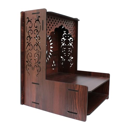 Image of Olive Tree Ethnic Wooden Pooja Mandir for Home Handcrafted Puja Stand | Wall Mounted with LED Spot Light | Mandapam, Pooja Ghar, Temple Office Decor - Walnut Size 12X12X16 Inch 1001