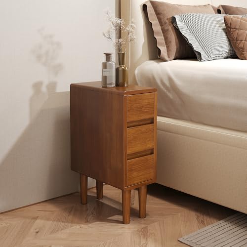 Narrow Nightstand with 3 Drawers Narrow Night Stand Solid Wood Bedside Table Mid Century Modern Nightstand Wooden End Table for Bedroom, Living Room, Study, Office