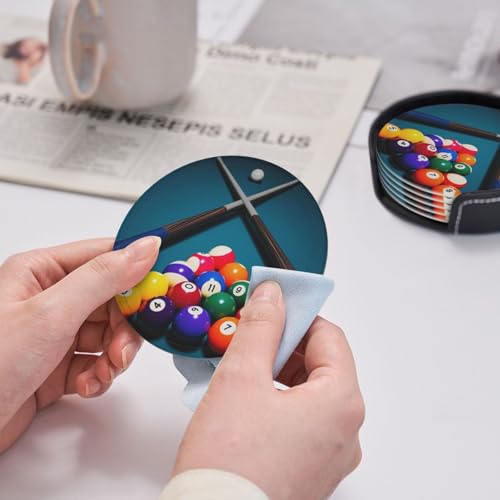 Billiards Coasters for Drinks with Holder, Leather Coasters Set of 6, Round Cups Mugs Mat Pad for Home Kitchen - Image 4
