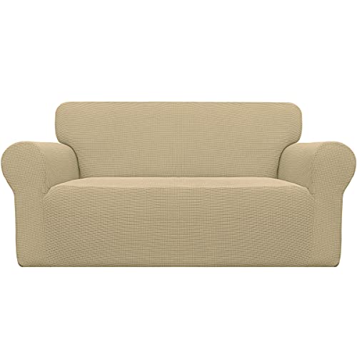 Image of Easy-Going Stretch Oversized Loveseat Slipcover 1-Piece Sofa Cover Furniture Protector Couch Soft with Elastic Bottom for Kids Polyester Spandex Jacquard Fabric Small Checks Beige