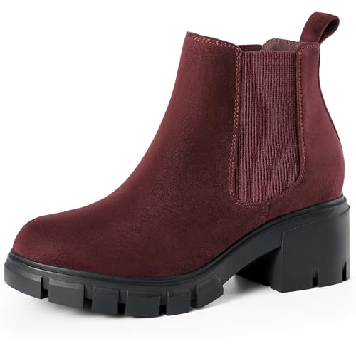 Harvest Land Women's Chelsea Ankle Boots Platform Chunky Heel Lug Sole Elastic Slip on Booties Wine Red Size 10