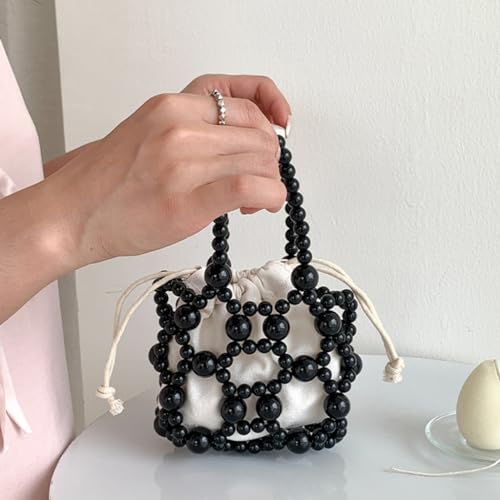 Petit sac à main cordon de serrage avec chaîne dorée et perles