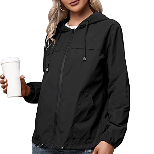 Staright Casaco feminino com capuz impermeável manga longa elástica bainha bolsos corta-vento com zí