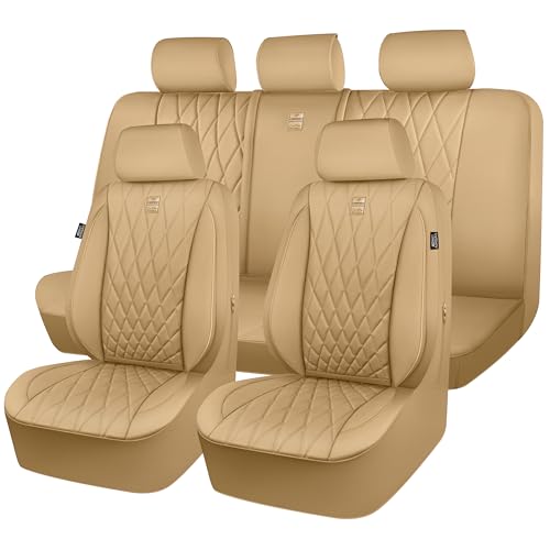 Image of CAR PASS Piping Luxury Leather Seat Covers Full Set,5 Seats Leatherette Anti-Slip Waterproof Seat Covers Compatible with Front Armrests,Universal Fit for Suvs,Vans,Trucks,Airbag Compatible,Pure Beige