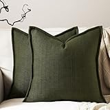 DEZENE 26x26 Linen Euro Sham Pillow Covers Olive Green Pack of 2 Farmhouse Boho Neutral Accents Striped Textured Square Decorative Throw Pillow Cases for Living Room Couch Bed Home Decor