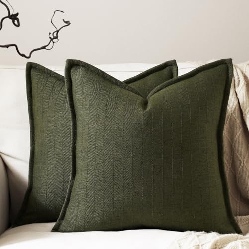 DEZENE 18x18 Linen Pillow Covers Olive Green Pack of 2 Farmhouse Boho Neutral Accents Striped Textured Square Decorative Throw Pillow Cases for Living Room Couch Bed Home Decor