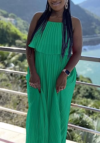 Women's Summer Off Shoulder Halter Neck Crop Top Pleated Maxi Dress Boho Two Piece Flowy Skirts Sets Party Clubwear Green #TOP3