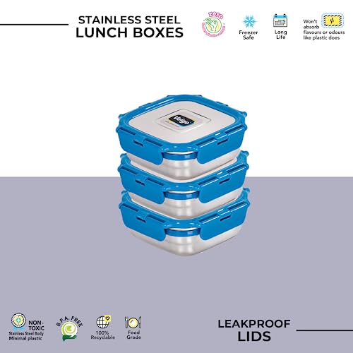 Image of Veigo Original Set Pack of 3 Stainless Steel Airtight & Leakproof Medium Lunch Box with Silicon Ring & Polymer Frame for Re-Heating|Safe Lid Lock|Square (330ML) Dark Blue
