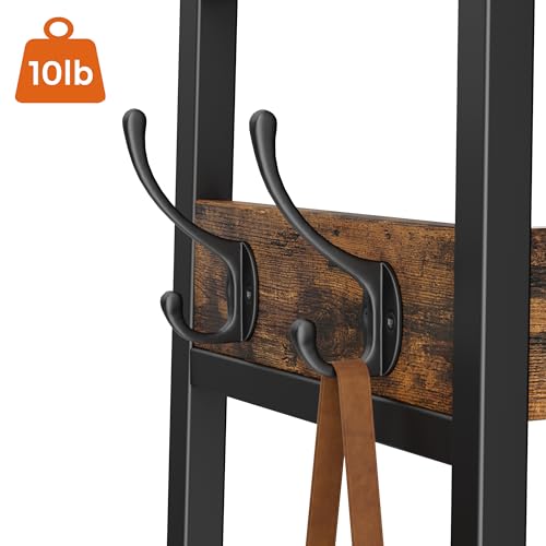 Cerlyunzan Coat Rack Freestanding with Umbrella Holder, Coat Stand with 2 Shelves and 7 Hooks, Hall Tree, Clothes Rack Stand Organizer for Hallway, Entryway, Living Room, Rustic Brown and Black - Thumbnail 5
