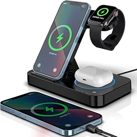 Apple 4 in 1 Wireless Charging Station, Qi Foldable Fast Wireless Charger Stand for iPhone 14/13/12/11 Pro, Max, Mini, Plus, Xs/Xr/X, Apple Watch Ultra/SE, Series 8/7/6/5/4 & AirPods Pro 2, 3 (Black) Cover
