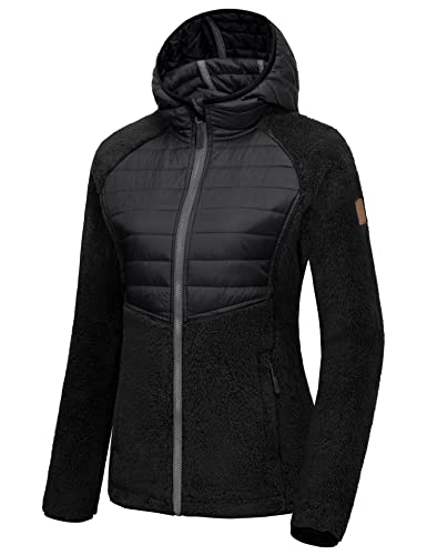Little Donkey Andy Womens Sherpa Full Zip Fuzzy Fleece Jacket Fluffy Soft Hooded Winter Warm Lightweight Hybrid Casual Outerwear Coats For Hiking Running Skiing Travel Black M #TOP14