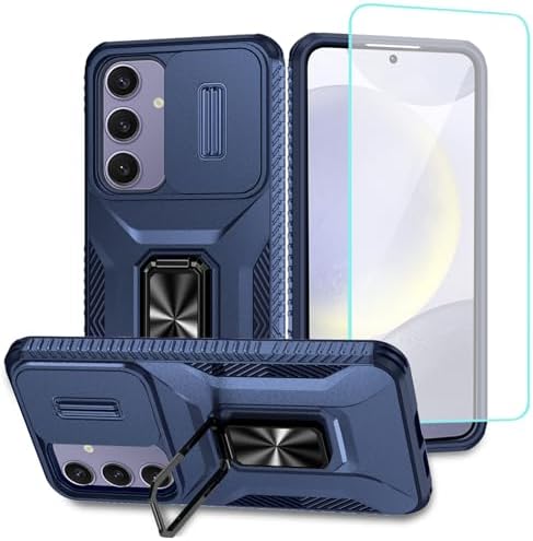 Case for Galaxy S24 FE Case,Samsung S24 FE SM-S721U with Tempered Glass Screen Protector and Slide Camera Cover, Rotated Ring Car Mount Holder Shockproof Cover for Samsung Galaxy S24 FE Blue
