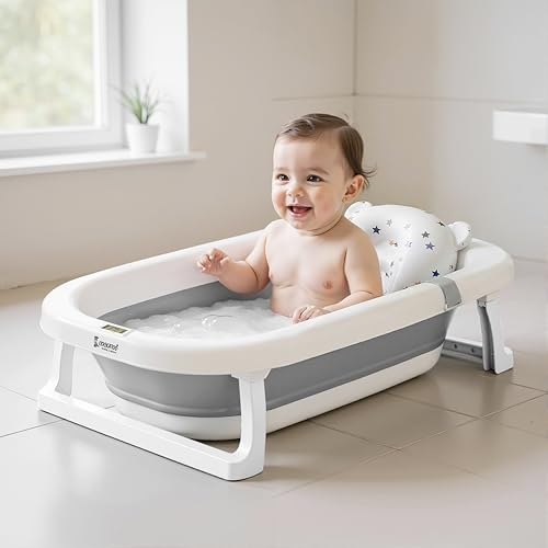 Image of Cockatoo-Kids DripDrop Foldable Baby Bath Tub with Thermistor, Pillow & Soap Box - Portable Newborn to 6 Years Tub, Non-Toxic PP, Anti-Slip Base, 40kg Capacity - Travel & Home Use, White & Grey