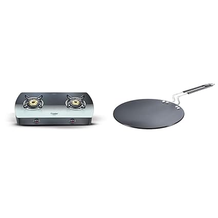 Prestige Premia Glass 2 Burner Gas Stove, Black/White & Hard Anodised Plus Cookware Induction Base Roti Tawa, 225mm, Black Combo