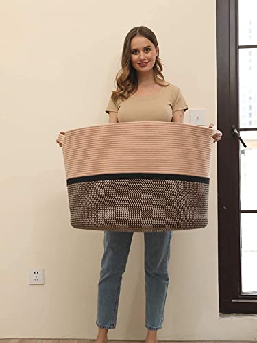 Image of ALBY Newyork'Woven Laundry Hamper, Toy Storage Bin, for Blankets Clothes Toys Pillows in Living Room, Baby Nursery, Jute /Black Mix (14'' x 14'' x 10'' XL, Mix 3 Black Brown)