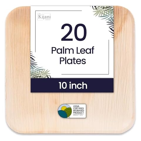 Kijani Palm Leaf Plates | Bamboo Plates Disposable Like | 10 Inch Square 20 Pack | Biodegradable, Compostable & Eco-friendly | Premium, Sturdy, Durable & Heavy Duty Wood Style | Entrée Plates Cover